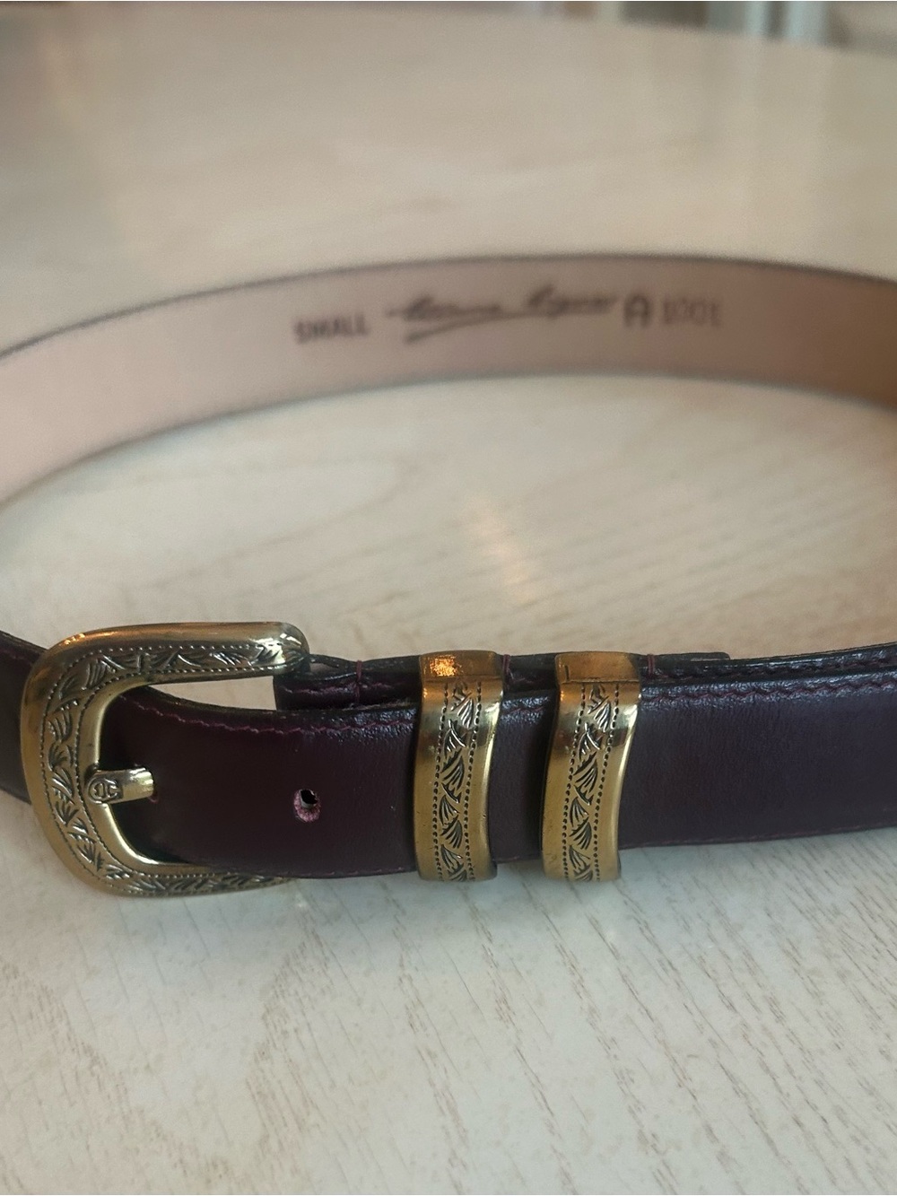 Etienne Aigner Plum Brown Leather Belt with Engraved Brass Buckle